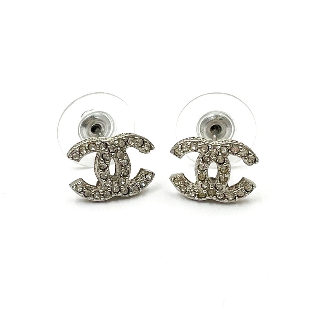 Chanel Classic Silver CC Crystal Curve Small Piercing Earrings
